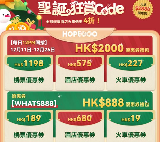 HopeGoo「聖誕狂賞Code」大派千萬旅遊狂賞 送HK$2,888優惠碼，人人有份！全球機票酒店火車低至４折